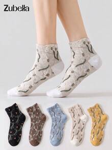 5 Pasang Kaos Kaki Pendek Wanita Motif Hati Berkerut Gaya Retro, Bernapas & Nyaman, Cocok untuk Semua Musim - MultiWarna - View 5