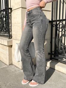 JustMiss Women's High Waist Flare Jeans, American Vintage Distressed Gradient Denim Long Pants, Spring/Summer - Grey - View 4