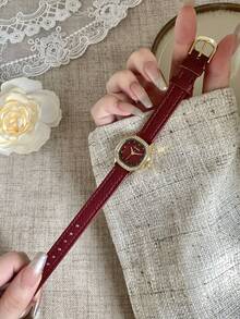 1pc Women's Fashion High-End Oval Roman Numeral Full Rhinestone Watch, Quartz Movement, Versatile Style - Red - View 2