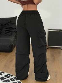 Teen Girls Summer Street Style Low Waist White Parachute Cargo Pants - Black - View 2