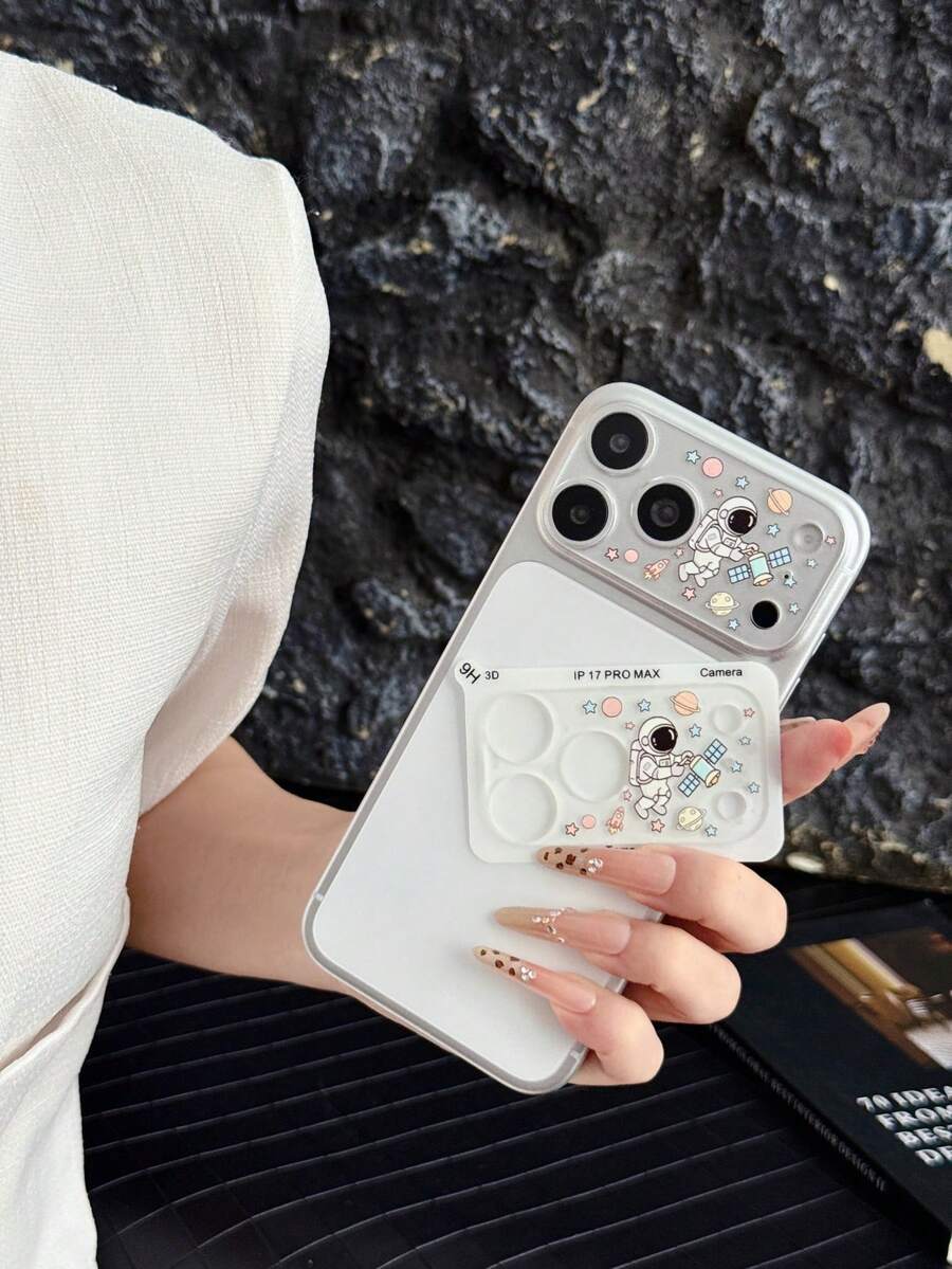 LissKas 1pc Cute Cartoon Astronaut Pattern One-Piece Lens Film 9H Hardness Full Coverage Anti-Explosion Anti-Scratch Phone Camera Protector Film Compatible With IPhone 18/17 Pro Max Bubble-Free Matte Anti-Fingerprint Suitable For Large Hole Phone Cases