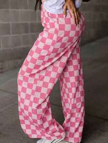 Plus Size Pink Plaid Wide Leg Pants, With Pockets, Stretchy Knit Fabric Spring - Pink - View 2