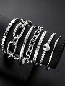 7pcs Vintage Fashion Punk Style Hammered Geometric Chain Silver Bracelet Set, Suitable For Women's Daily Wear, Party, Beach, Vacation, Wedding, Layering, Gift - Silver - View 4