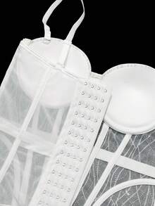White Summer Sequin Sheer Mesh Fitted Bustier Camisole, Boned Support Adjustable Strap Cropped Top, Suitable For Party, Nightclub, Wedding And Daily Wear - White - View 7