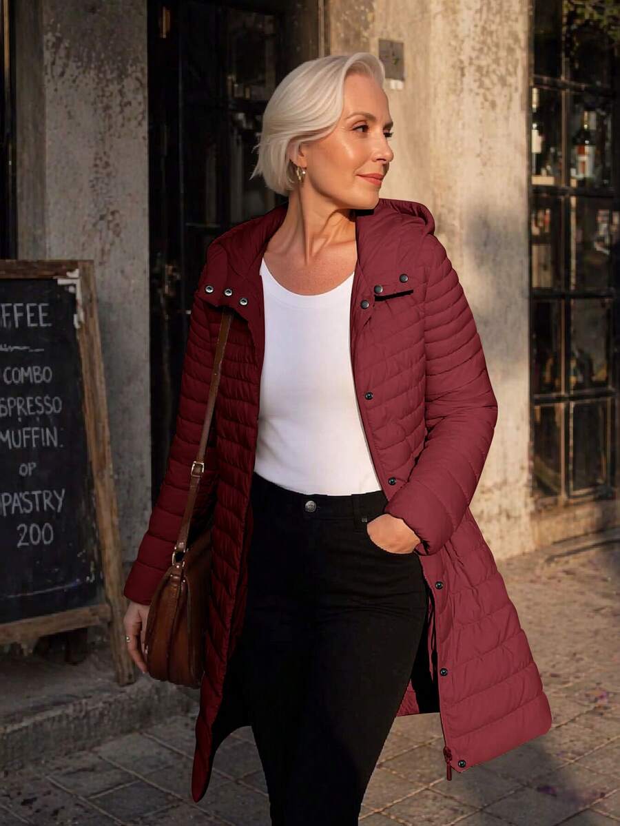 Women's Casual Hooded Down Jacket With Pockets, Lightweight For Daily Wear - Burgundy - View 1