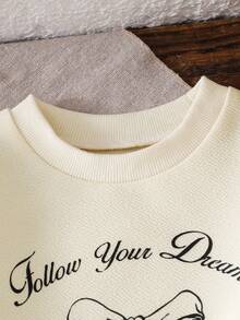 2pcs Baby Girls Autumn Handwritten Letter Bow Print Long Sleeve Sweatshirt Set, Contrast Color Webbing 3D Bow Decor Elastic Wide Leg Pants, Champagne Street Style Fashion Cute Children Spring Fashion Outfit - Champagne - View 3