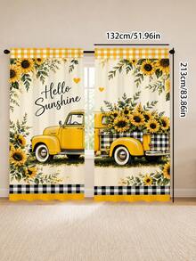 2pcs Beige American Country Style Printed Curtains, Vintage Yellow Pickup Truck Loaded With Sunflowers, Black White Yellow Plaid Trim, Hello Sunshine Heart Pattern, Pastoral Healing Living Room Bedroom Soft Light Semi-Sheer Curtains - Multicolor - View 15