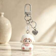 1pc/3pcs Unisex Cute Resin Flocked Sheep Animal Pendant With Beaded English Letter Charm Keychain, Gift For Friends And Besties, Cute Bag Charm - Multicolor - View 5