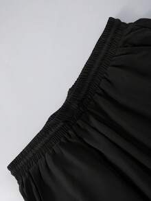 Spring/Autumn Mature Style Color Block Vertical Stripe Short Sleeve Single-Breasted Fitted Shirt With Elastic Drawstring Loose Long Pants Solid Color 2 Pieces Set, Urban Casual Commute, Smooth Polyester Woven Fabric - Black - View 8
