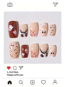 Halloween 24pcs Short Square Press-On Nails, Spider Web, Ghost, Patchwork Net, Mummy Pattern Design, Acrylic Material Set Includes: 1pc Jelly Glue And 1pc Nail File - Multicolor - View 3