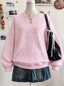 Women's Ditsy Floral Round Neck Loose Fit Plus Size Long Sleeve Casual Pullover Sweatshirt - Pink - View 4