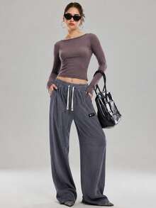 KyrLssu Women's Casual High Waist Wide Leg Pants With Side Pockets - Dark Grey - View 2