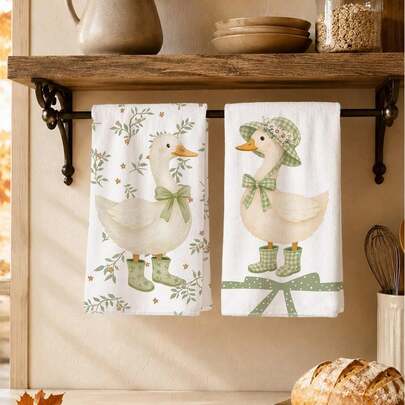 MEMNUN 2 Piezas Toallas de Cocina Lindas con Estampado de Planta Verde, Lazo y Pato 40*60cm/45*70cm Microfibra Super Suave Toallas de Plato Modernas Toallas de Mano Decoración del Hogar Decoración de Cocina Cocina y Horneado Toallas de Mano Accesorios de Cocina Lavables a Máquina Suministros de Limpieza Adecuados para Cocina de Restaurante Decoración del Hogar y Regalos Todas las Estaciones