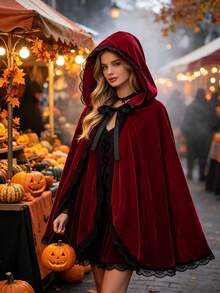 1 Pieza Capa con Capucha de Terciopelo Gótico para Mujer, Capa de Caperucita Roja para Cosplay con Ribete de Encaje en Contraste para Halloween y Fiesta de Navidad - Burdeos - Ver 5