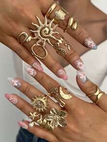 14/8/6pcs Bohemian Elegant Fashion Old Money Style Sunflower Floral Geometric Faux Pearl Ring Set Beach Vacation Daily Women Accessories - Yellow Gold - View 3