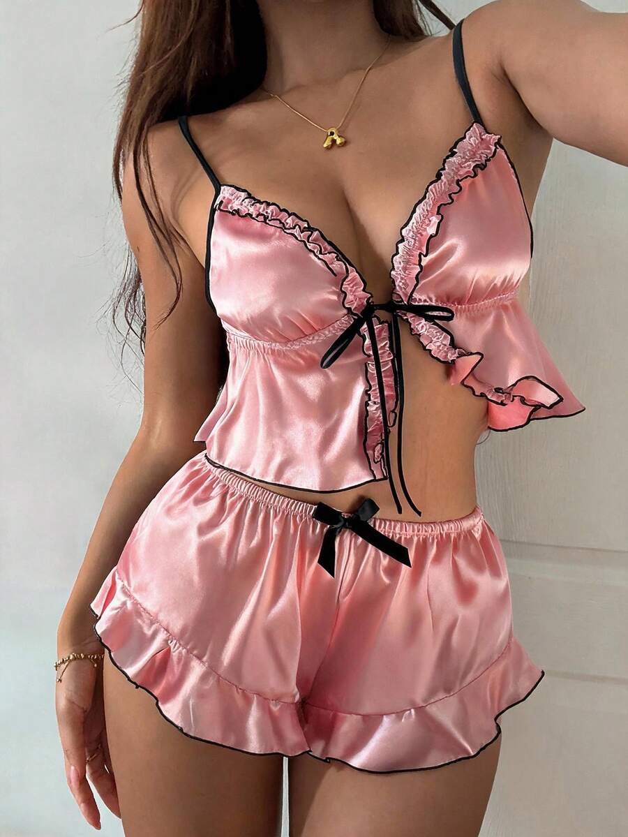 DAZY 两件套女士春夏粉色蕾丝系带露脐上衣和短裤蝴蝶结舒适休闲睡衣套装 - 粉色 - 查看 1