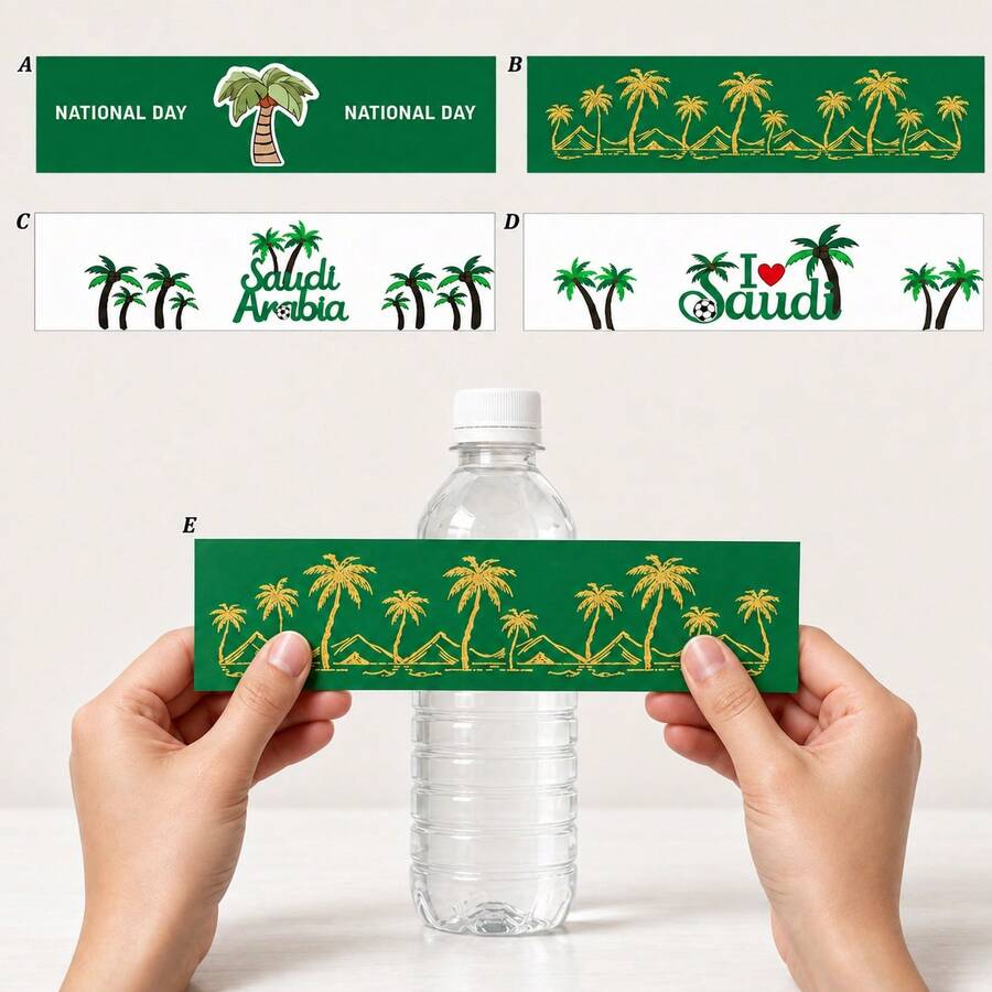 10pcs/20pcs Saudi National Day Water Bottle Labels, Green Gold Palm Tree Saudi Arabia Stickers, KSA National Day Party Decor - Multicolor - View 1