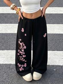 Y2K Black Wide Leg Sweatpants, Cherry Blossom Floral Print, Drawstring Elastic Waist, Loose Stretch Long Pants, Suitable For Daily And Back To School Outfits - Black - View 5