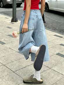 Teen Girl Fashionable Versatile Loose Pocket Zipper Denim Capri Pants - Light Wash - View 4