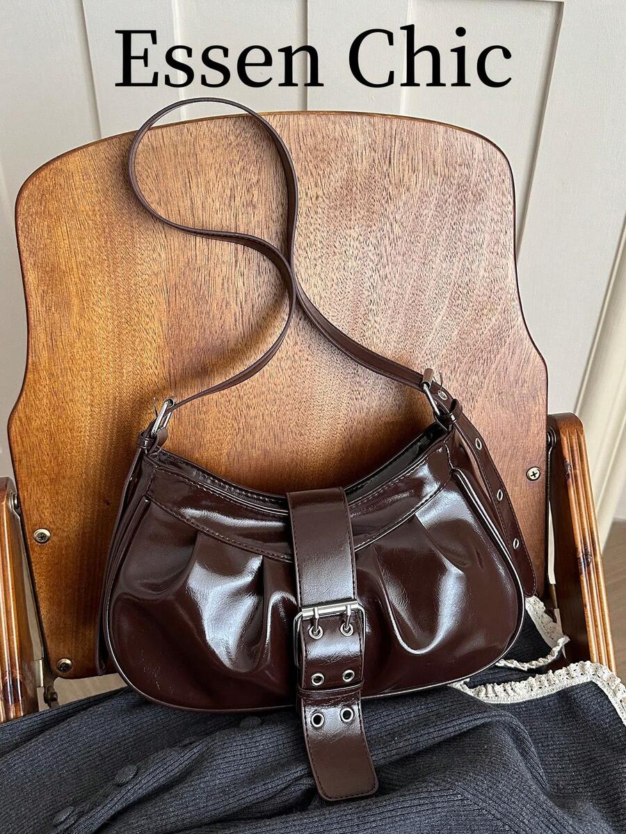 1pc Coffee Brown Solid Color PU Baguette Shoulder Bag For Women