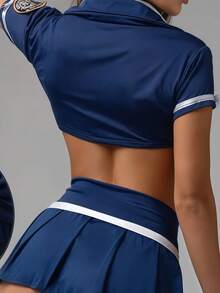 2pcs Sailor Cosplay Outfit, Lace-Up Front Short Sleeve Crop Top, Mini Pleated Skirt Uniform Set, Suitable For College Party - Royal Blue - View 4