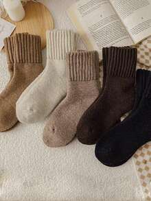 5/3/1 pares de calcetines de barco de mujer de invierno, cálidos, gruesos, de punto suave, estilo retro casual, calcetines de felpa, gruesos y cálidos, adecuados para combinar con botas de nieve o botas de tobillo - Multicolor - Ver 1