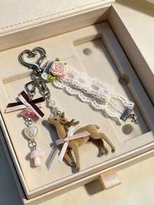 1pc INS Style Deer Keychain, Kawaii Lace Bow Bag Charm, Sakura Flower Pendant, Coquette Aesthetic Key Ring, Fairycore Backpack Charm - Multicolor - View 13