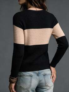 Sweater Rajut Bertekstur Garis-Garis Blok Warna Wanita, Pullover Lengan Panjang Slim Fit Leher Bulat, Atasan Lapisan Lembut Minimalis untuk Musim Gugur dan Musim Dingin - MultiWarna - View 3