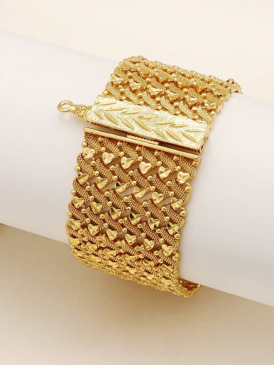 1pc Wide Mesh Heart Pattern Gold Plated Bracelet, Dubai Luxury Wedding Party Bangle For Women, Vintage Textured Chain Bracelet Jewelry Gift - Yellow Gold - View 1