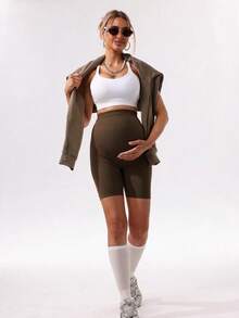 Maternity Seamless Solid Color High Waist Ribbed Waistband Non-Slip Leggings, Basic Fitted Sports Shorts Summer - Rust Brown - View 3
