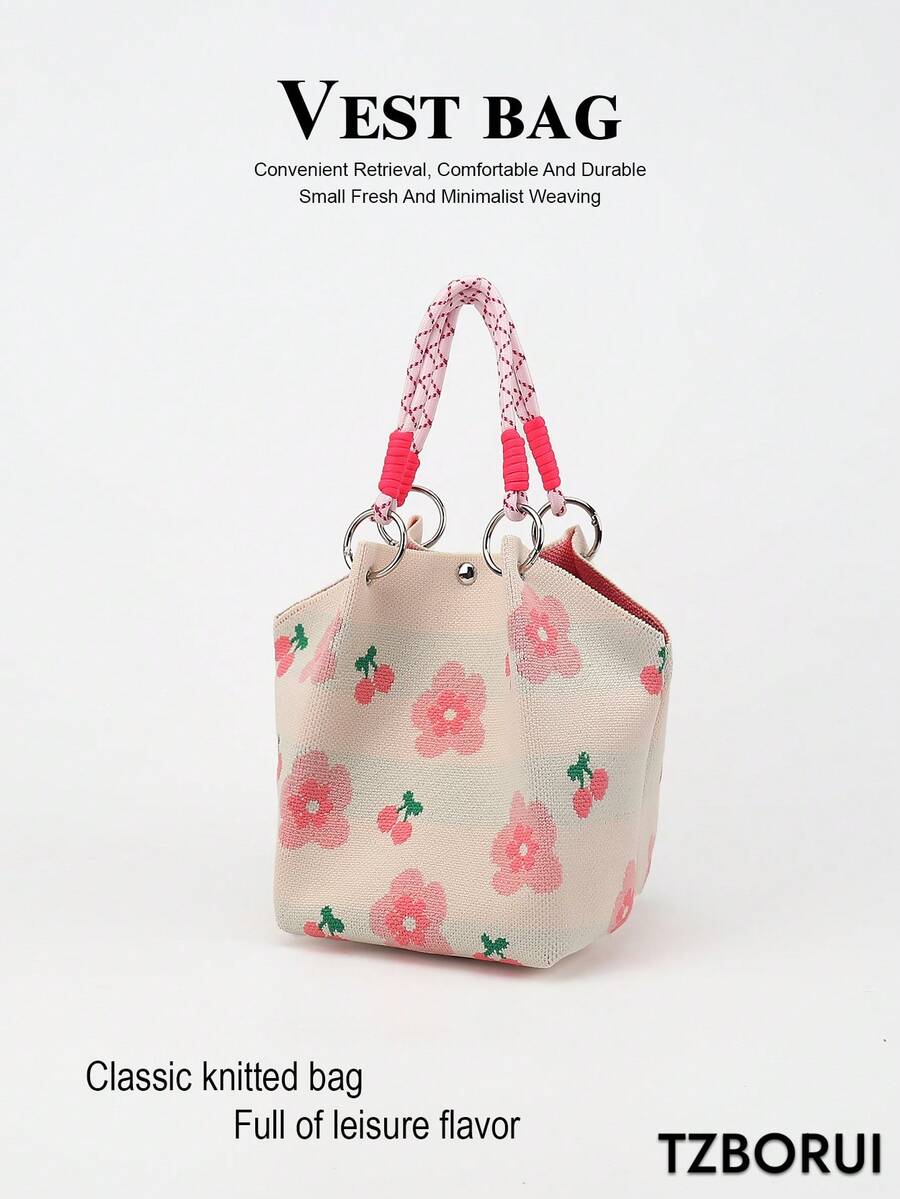 1 buah Tas Tote Rajut Motif Bunga Kartun Kapasitas Besar Ringan, Cocok untuk Perjalanan, Sekolah, Bepergian, Portabel, Cocok Dipadukan dengan Pakaian, Sepanjang Musim - MultiWarna - View 1