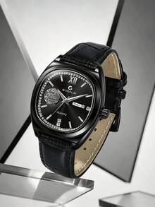 GUSALAI Men's Barrel-Shaped PU Leather Watch With Rhinestone Roman Dial, Dual Calendar, Vintage Quartz Wristwatch For Daily Wear And Holiday Gift - one-size - View 4