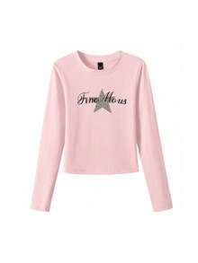 Pink Star & Letter Print Sweet Slim Fit Women's Long Sleeve T-Shirt, Autumn Niche American Style Cropped Top - Pink - View 6