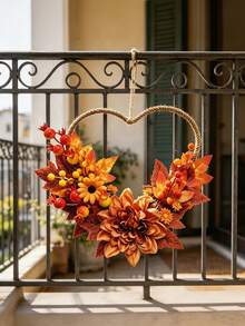 1pc Autumn Maple Leaf Wreath, Decorated With Artificial Berries And Sunflowers, Adorned With Heart Shape, Perfect For Decorating Bedroom, Window, Entrance And Wall, Creating Harvest And Thanksgiving Atmosphere - Multicolor - View 4