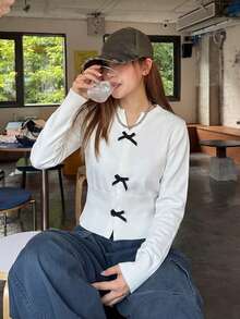 Slouchy Bow Design Knit Sweater Women Autumn/Winter Korean Casual Versatile Premium Knit Top - White - View 1
