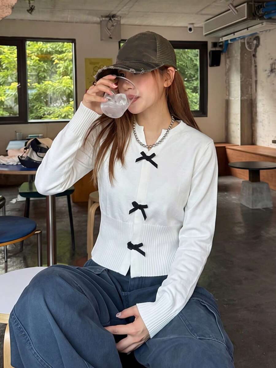 Slouchy Bow Design Knit Sweater Women Autumn/Winter Korean Casual Versatile Premium Knit Top - White - View 1