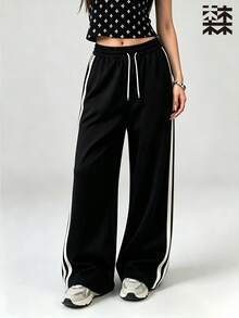 mulinsen Women's Straight Leg Ice Silk Quick Dry Striped Colorblock Sweatpants - Deep Space Black - View 4