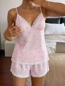 DAZY 2pcs/Set Women's Pink Lace Patchwork Bow Deep V-Neck Cute Sexy Striped Sleeveless Backless Ruffle Lace Hem Slip Dress Short Nightgown Set - Pink - View 2