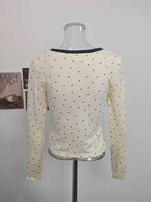 Women's Lace Patchwork 2 In 1 Long Sleeve T-Shirt, Bowknot Slim Fit Flattering Minimalist Sexy Base Layer Top - Apricot - View 7