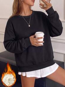 Women's Winter Casual Sports Solid Color Crew Neck Sweatshirt, Suitable For Running, Cycling, Hiking, Gym Workouts, Versatile Style - Black - View 7