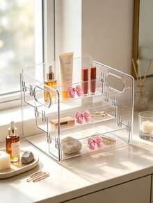 Pink Bow Desktop Organizer/Portable Three-Tier Storage Rack/Cosmetic Organizer/Suitable For Storing Lipsticks, Perfumes, Makeup Brushes, Toners, Lotions, Etc./Applicable For Bathrooms, Bedrooms, And Vanities/Desk & Drawer Organizer For Home Storage - Multicolor - View 4