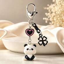 1pc/2pcs Unisex Cartoon Kitten & Panda Sitting Pendant With Heart Beads & Four-Leaf Clover Accessory Keychain Cute Bag Charm - Multicolor - View 6