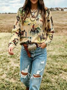 VEXHEIMA Western-Style Women's Fashionable Retro-Print Denim-Patterned Color-Blocked Animal And Geometric Print Round-Neck Long-Sleeve Casual Sweater - Multicolor - View 7