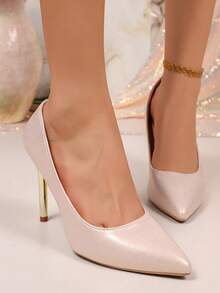 Pearlescent Light Pink Pointed Toe Stiletto High Heel Pumps With Gold Heel, Low Vamp Evening Dress Commuter Shoes, Suitable For Banquets And Weddings - Baby Pink - View 3