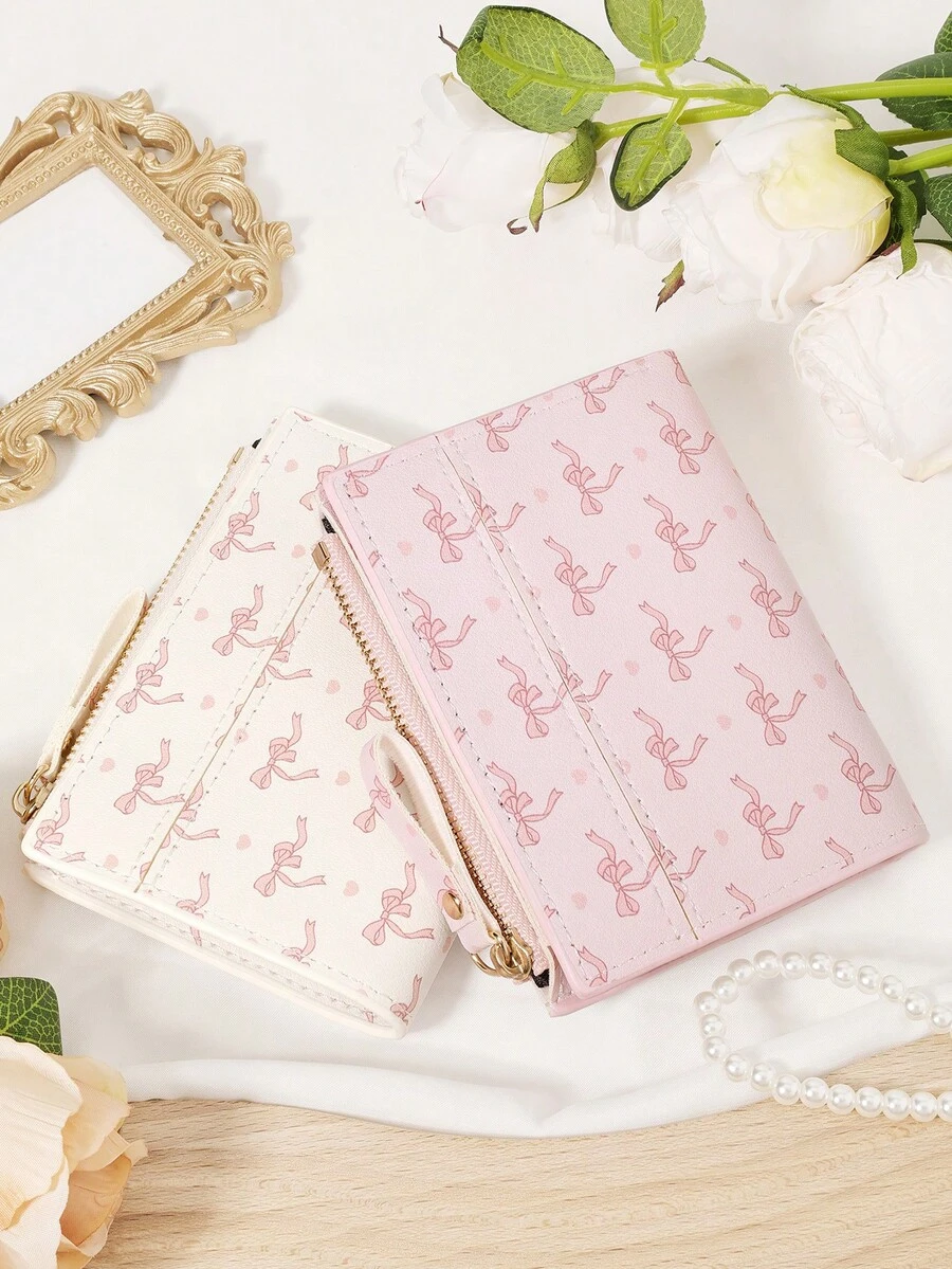 Ladies' Bow Printed Short Zipper Coin Purse, Portable Card Bag Wallet, Suitable For Daily Shopping And Travel