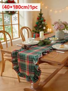 1/20pcs French Country Christmas Plaid Ruffle Table Runner, Suitable For Holiday Banquet, Restaurant Decor, Party Gathering, Home Dining Table, Window Display Decoration, Sideboard Shoe Cabinet Dust Cover - Green - View 8