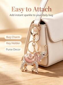 Rhinestone Elephant Keychain, Pink Enamel Lucky Elephant Bag Charm, Gold Tone Crystal Pendant For Women Purse, Handbag, Backpack Gift - Multicolor - View 4