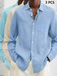 3pcs Set Casual Basic Men's Button-Up Long Sleeve Shirts - Multicolor - View 2
