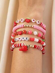 5pcs Bohemian Cute Sweet Pastoral Versatile Fashion Handmade Beaded Soft Clay, CCB, Letter, Strawberry Pendant, Layered, Elastic, Multi-Layer, Beaded Bracelet Set Suitable For Women Music Festival, Party, Bar, Large Gathering Perfect Gift, Gift For Friends And Family, All Seasons, Travel, Photography, Casual, Vacation Daily Wear - Multicolor - View 3