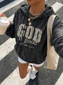 Women Vintage Washed Graphic Hoodie, Casual Oversized Pullover For Fall Winter Black - Black - View 2